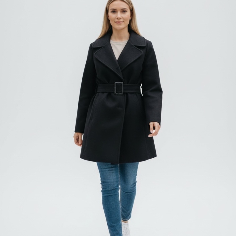 Jessica Simpson Black Wool Belted Coat Women's XS Mid-Length Classic Y2K Preppy